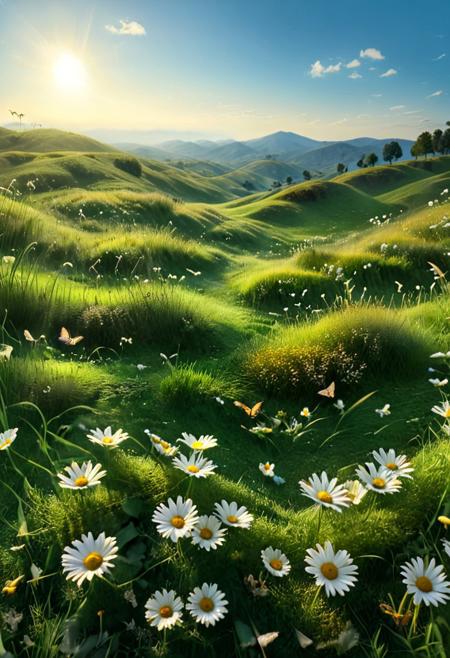 A peaceful grassy field under bright blue skies, golden sunlight streaming down, scattered daisies and butterflies creating a playful vibe, a gentle breeze rustling through the grass, serene and calming ambiance, inviting nature scene with rolling hills in the background, balanced composition, 8k,