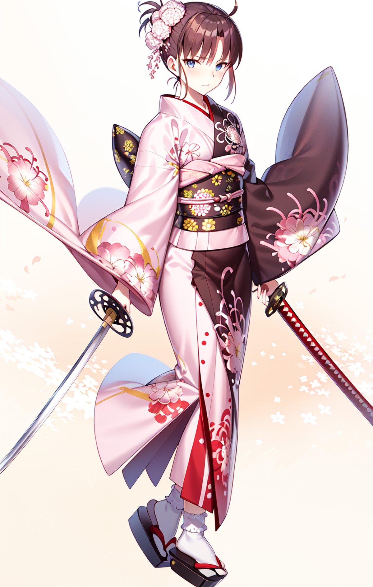 2ndS, AnniversaryCostume, 1girl, solo, cherry blossoms, closed mouth, full body, geta, holding, holding sword, holding wea...