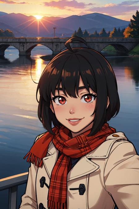 (masterpiece, best quality:1.2),  <lora:mrpotatoparty:1>, mrpotatoparty, 1girl, scarf, solo, smile, coat, gloves, bridge, looking at viewer, outdoors, reaching towards viewer, sunset, short hair, plaid scarf, selfie, brown gloves, duffel coat, red eyes, ahoge, sun, red scarf, plaid, river, sky, bangs, upper body, railing, water, cloud, black hair, long sleeves, blush