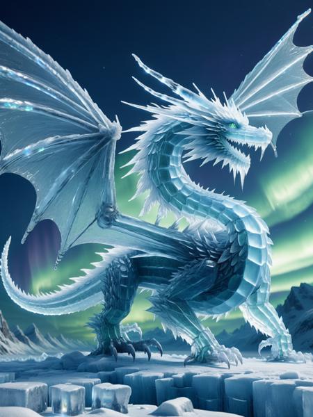 A majestic ais-icebaby dragon soaring through a ais-icebaby sky, aurora borealis shimmering on its wings. <lora:Ice_Style_SDXL:1>