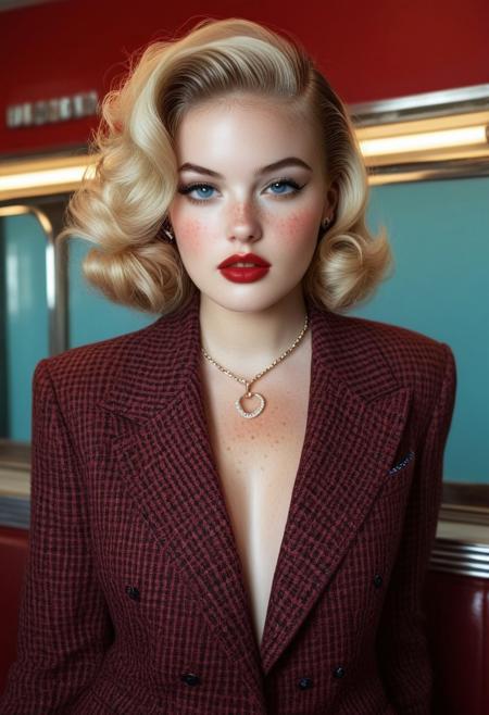 This high-definition CGI rendering presents a stunningly detailed depiction of a young woman in a vintage diner setting. The subject is a light-skinned woman with an ethereal complexion and voluminous, styled blonde hair cascading in soft waves. Her makeup is dramatic, featuring bold red lips, heavy eyeliner, and a subtle blush that accentuates her high cheekbones. She wears a provocative, open, plaid blazer in shades of red, white, and blue.rockabilly style, 1girl, mole on breast, breasts, mole, jewelry, nipples, necklace, freckles, solo, looking at viewer, 1950's
