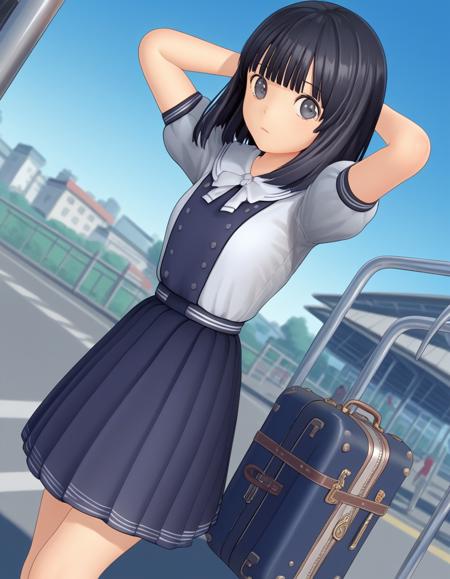 rinze himenogi, bangs, black hair, blunt bangs, black eyes, 3d skirt, dress, school uniform, short sleeves, puffy sleeves, black dress,