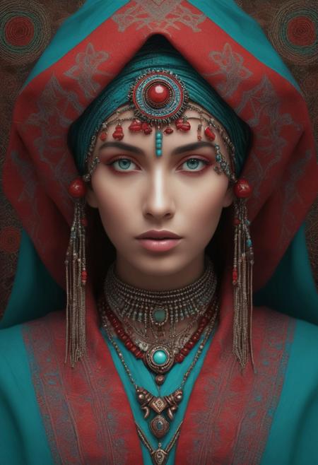 Centered portrait in digital painting, 
individual cloaked in traditional attire with varied textures, 
facial features obscured by teal and red threadwork geometric patterns, 
head adorned with twisted metal wires, 
beads, 
antique components, 
vibrant red fringes, 
draping dusty pink robe embroidered with crimson, 
turquoise, 
forest green, 
soft lighting accentuates textures, 
colors, 
balanced exposure creates surrealistic composition, 
soft matte