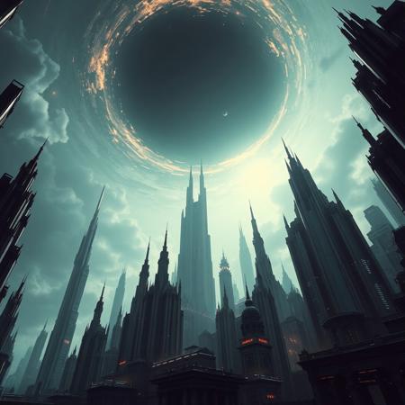 Low angle wide view of a futuristic city on a scifi planet, dystopian future, monumental architecture, skyscrapers, future, in the sky space can be seen where a giant sentient black hole is consuming everything (planets, nebula, solar systems, galaxies, eventually the entire universe will be sucked into the event horizon of the black hole) (supermassive black hole, black hole sun, sentient black hole, stellar black hole), there is a dark gloom pervading the scene as the black hole threatens to inevitably consume the future city