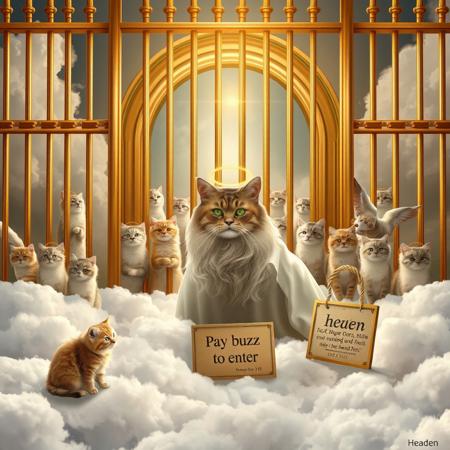 Ultra realistic. heaven, floor made with clouds, big golden barred door and barred golden fence, many beautiful cute cats with golden halo over his head playing behind the door, a cat with long beard and clothed with a beautiful white shining tunica and a golden halo over hishead,  a sign on the front of the door with the text "pay buzz to enter"