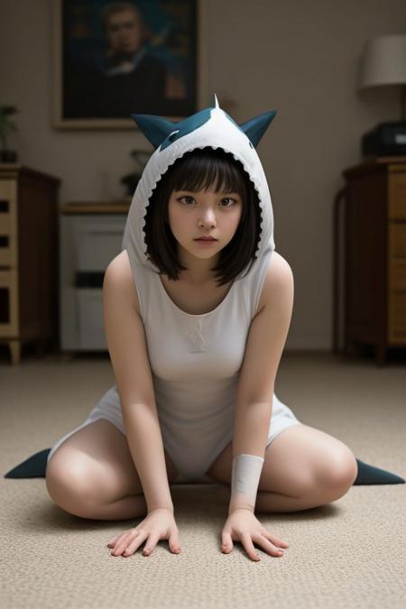 A tabby cat dressed in a shark cosplay costume sits on the floor of her living room.
FHD, Rich in details, masterpiece.