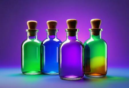 POV, frontal light, Hyper-realistic, detailed, acid style, flat texture, game item, fantasy style, threesome bottles, multiple-colored magic potion in matted glass bottle, centered, side view, diffuse texture, simple colored background