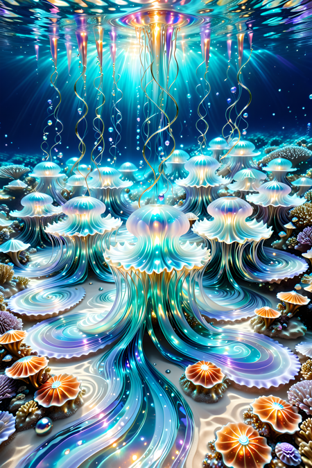 A surreal underwater realm where coral castles drip with glowing pearlescent syrup,jellyfish float like silk lanterns above a pearly sand floor,and luminous mermaids paint ocean currents with swirling trails of light and flowing pigments,magical realism,photoreal style,intricate lighting,A magnificent goddess stands in crystal clear water by flowing rivers of iridescent liquid pearl,Her long hair fluttered in the bright water,the swirling currents reflecting shimmering silver glow,
lavender,and soft gold,the entire scene glowing with divine radiance and surreal mysticism,photorealistic,ultra-high detail,ethereal light,
made of l1qu1dp34rl,pearlescent,flowing through bioluminescent coral reefs,iridescent bubbles rising in turquoise water,hyper-realistic translucency,pearlescent,
Masterpiece,best quality,hi res,8k,hi res,8k,award winning,(sharp focus, intricate, highly detailed),<lora:SDXLFaeTastic2400:0.4>,<lora:liquidpearlXL_r1:1>,<lora:TrendCraft_The_Peoples_Style_Detailer-v2.1A-3_12_2025-SDXL:0.8>