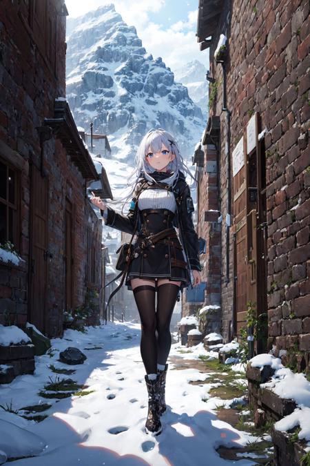 ((masterpiece)), (best quality),
official art, extremely detailed CG unity 8k wallpaper, highly detailed, shiny skin, Depth of field, vivid color,
1girl, (skinny:1.3), narrow waist,
snowy landscape, with snow-capped mountains, panorama, Illustrate the ruins of an ancient castle, with crumbling walls, mysterious passageways, and a sense of history and intrigue, water, moss