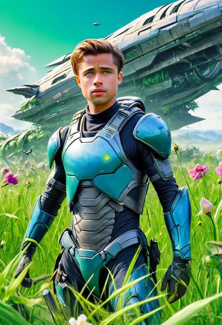 CoverArt, a beautiful gorgeous Young Brad Pitt as an Scifi RPG character in futuristic body armor, 
Break, 
as a background a huge spaceship (long abandoned) sunken into a rich green grassland, covered in plants, flowers, sharp focus, high detailed, realistic, day, colorful, blue sky, RPG Cover Art
