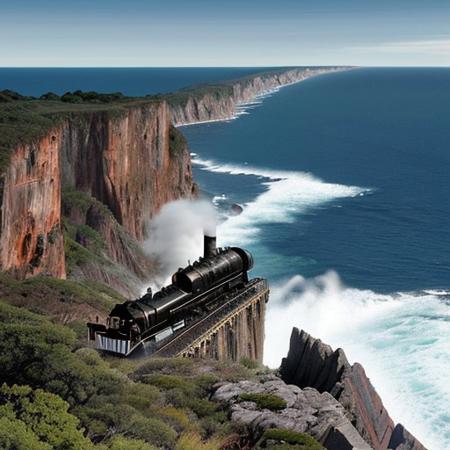 Retro looking black steam engine train travelling along rocky coastline by beautiful ocean, up high, rocks