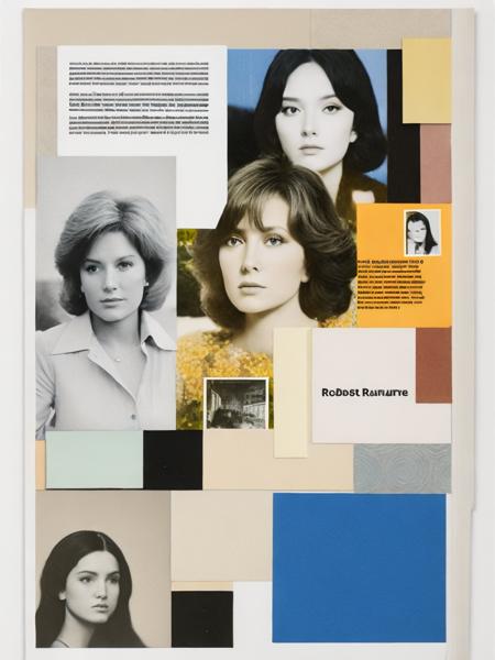 <lora:RobertRauschenberg:1>a collage of various images and text on a piece of paper with a picture of a woman's face by Robert Rauschenberg