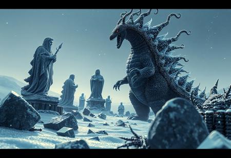 Create a highly detailed, 4K illustration of a Medusa Worm-inspired Godzilla, standing in a winter landscape with glittering ice and black slime, chemrail, and thin spikes. The model should embody greed and have a long, plump form, with several broken statues surrounding it. Use a monochrome 3D model for the main figure, with a pop of color in the eyes, clothes, and chemrail. Incorporate vivid emotions, sharp lines, and harmonious colors to bring the scene to life. Use Octane Render, Unreal Engine 5, and a dynamic action pose to enhance the visual appeal, and draw inspiration from artists such as Alphonse Mucha, Artgerm, Greg Rutkowski, and WLOP. Ensure the final piece features a powerful message, stunning colors, and captivating lighting to make it trending on ArtStation and CGSociety.scopophobia