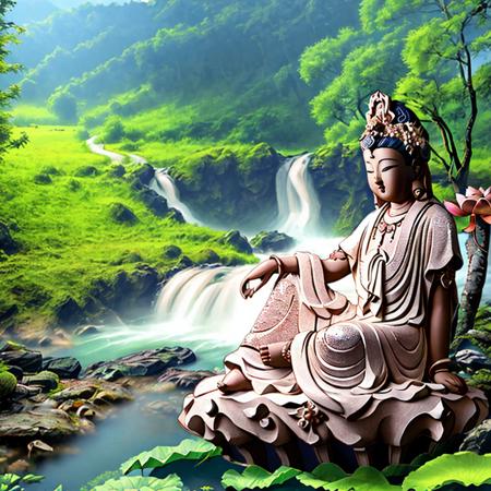 Guanyin sitting on a lotus flower seat, Guanyin Bodhisattva, Avalokitesvara, Chinese temples scattered in the forest not far away,   waterfall cascading into a lake or stream in the background, mountains and briliant small lake in the background, Lotus in the foreground, Clear and distinct fingers, clear and distinct toes, clear and distinct facial features,jewelry, leaf, lily flower, lily_pad, necklace, plant, solo, chinese temple, path, cherry blossom, sharp focus, the sun's rays, sparkly ripples, wind ripples, hyper hight detailed, real photo, intricate details, perfect composition, beautiful detailed intricate, 8 k photography, photorealistic, masterpiece, Photo-realistic, Image enhancement,Image post-processing,Image retouching