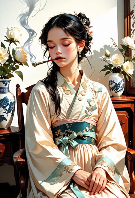 solo, short black hair, elegant man, seated, holding a long kiseru smoking pipe, traditional Hanfu-style silk robe, white with delicate embroidery, floral patterns, tied sash, flat chest, graceful pose, closed eyes, long sleeves, white flower vase in the background, ornate wooden chair, ethereal smoke, gentle lighting, earrings, realistic facial features, attractive , calm atmosphere, flower vase decor, semi-realistic style, digital painting, concept art, soft glow, dusty cool tones, volumetric lighting, ultrahigh definition,  absurdres, highres, very aesthetic, painted style, moody light, contrast of white fabric and dark wood, misty effect, light particles, serene, Midjourney style, elegant composition, aidma-niji