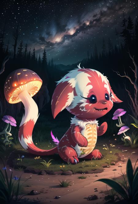 (8k, RAW photo, best quality, masterpiece:1.2), 
red fur, white eyes, claws, fang, bones, fluorescent mushroom forest, night, fluorescent stars, magic, magical flowers, spirits,kacheek, <lora:Kacheek:0.70>