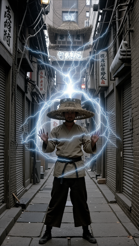 BTILC, cinematic, solo, 1boy, hat, upper body, male focus, outdoors, facing viewer, crystal, straw hat, electricity, rice hat.
city, grimy alleyway. magical martial arts, electric engery aura.
<lora:big_trouble_in_little_china-SDXL-v1:1.25>