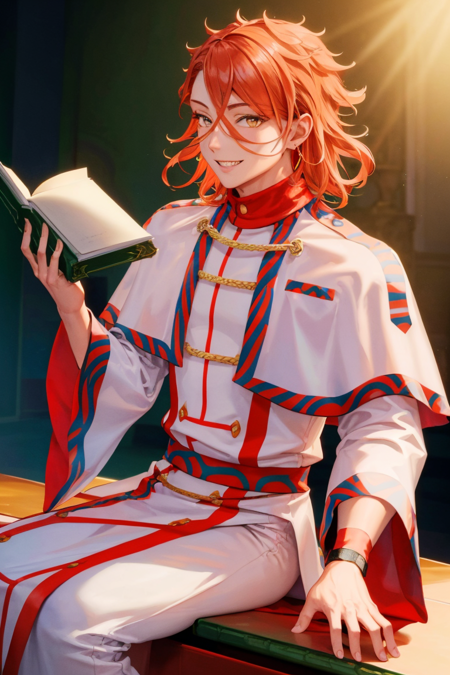 (highly detailed:1.3),
pandreo fe, looking at viewer, smile, long sleeves, holding, jewelry, red hair, earrings, teeth, wide sleeves, grin, book, feet out of frame, sharp teeth, yellow background, holding book, robe, open book, white robe,
Ultra-detail,(highres:1.1),best quality,(masterpiece:1.3),cinematic lighting,
(highly detailed face and eyes:1.3),