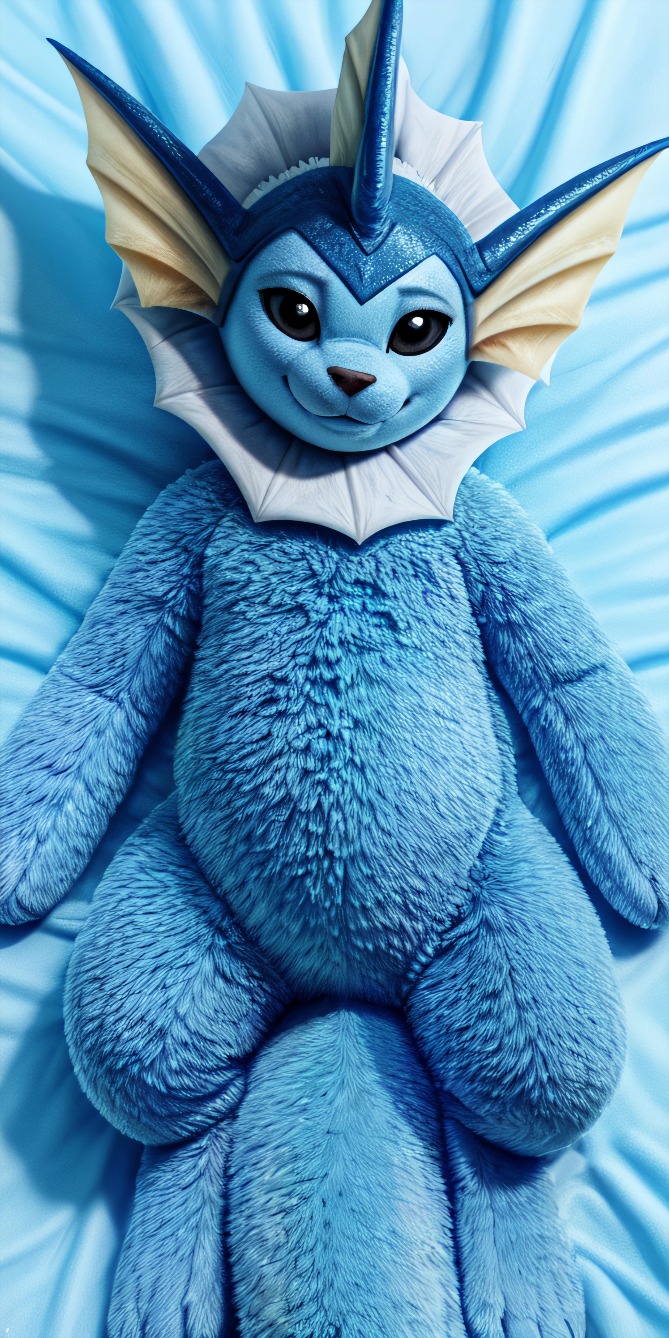 A large blue teddy bear with a white collar and a blue sheet background.