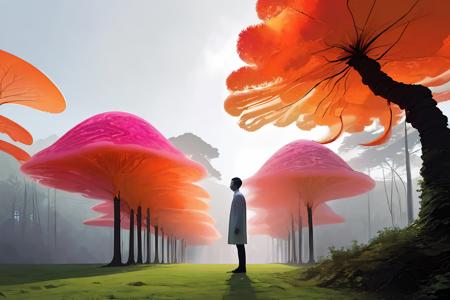 A surrealistic fusion of Reuben Wu's ethereal landscapes with Nick Knight's hyper-realistic models. A Synthetic forest of barcode trees, where creatures with Taro Okamoto's biomechanical limbs frolic and play. The sun sets in vibrant, electric hues, casting long, synthetic shadows that distort the Sharp Focus images of the models. In the distance, a satellite hovers, projecting old school designs onto the landscape, OverallDetail