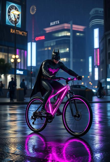 Batman riding a bicycle in the night in a City downtown, it is raining at night, Batman's bicycle is made out of a pink neon light, glowing,