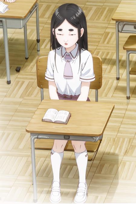 ((best quality)),((highly detailed)),masterpiece,absurdres,detailed face,beautiful face,(detailed eyes, deep eyes),(1girl),((dynamic pose)),    <lora:fujiwara-30:0.8>fujiwara, multiple girls, school uniform, 2girls, desk, black hair, sitting, long hair, school desk, chair, skirt, socks, necktie, indoors, kneehighs, shirt, classroom, comic, shoes, white shirt, solo, school chair, 1girl, black eyes, short sleeves, own hands together, white footwear, monochrome, solo focus, white socks, uwabaki, collared shirt, thick eyebrows, short hair, simple background, bangs, purple necktie, pleated skirt, white background