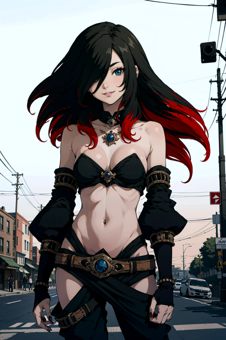 1girl, solo,straight hair , black_hair, red_hair, blue_eyes,navel