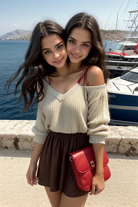 Realistic photo of a beautiful 4nn4k-v1 woman, 2girls, two headed, conjoined, conjoined dicephalus, wearing a v-neck summer-dress. wearing a shoulder bag. tourist, solo, long hair, wavy hair, dark brown hair, caucasian, cute smile, realistic, standing in a European city, on a greek island. fishing boats in the background. daytime, Photorealistic, detailed, RAW, analog, sharp focus, 8k, HD, DSLR, high quality, Fujifilm XT3,  award winning, masterpiece<lora:4nn4k-v1:1.0> <lora:4nn4k-v1:1.0><lora:4nn4k-v1:1.0>