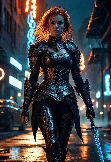 Ultra detailed digital art masterpiece Warrior girl dressed in a Armor, standing in combat pose down the mysterious night street of the big dark fantasy Town, perfect lighting, beautiful Sadie Sink as Warrior girl, attractive woman, elegant, unreal engine 5 nanite quality, mixed with dark elements, dark environment, very dark night, clean dark velour witch clothing, LOTR style, dark washed out eyeliner, no make up, natural bloody face, realistic blue eyes, ultra detailed atmospheric details, beautiful glowing effects, sparkle effects, realistic body proportions, beautiful face proportions, complex masterpiece, wavy red hair, creative glowing detailed tattoos, complex physics, enhanced colors, complimentary colors, ultra detailed raytracing reflections, Ultra detailed complex background, environment feels alive, direct eye contact, dramatic lighting, wet and sweaty skin, beautiful firm Breasts, Concept art portrait by Greg Rutkowski