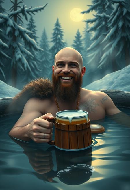 young bald thin viking with short beard, lies in hot spring, steam from water, in hand wooden mug with beer, playfully smiles, winter forest, twilight, bright moonlight, not realistic, art