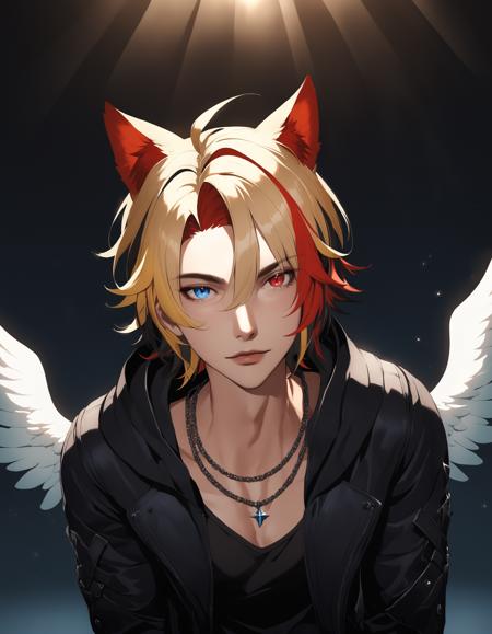 1boy, Criss X'voor, slsxl style, solo, looking at viewer, short hair, blue eyes, blonde hair, red eyes, animal ears, jewelry, jacket, male focus, red hair, multicolored hair, wings, cat ears, necklace, two-tone hair, heterochromia, feathered wings, angel wings, realistic, miqo'te, cinematic lighting, cinematic angle, masterpiece, best quality , <lora:SL_SDXLv1:0.8>