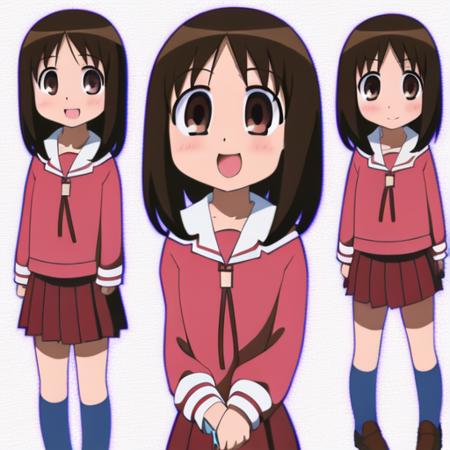 <lora:AyumuLoRAV2:1>, 1girl, (full body), ayumu kasuga, brown hair, brown eyes, school uniform, serafuku, white sailor collar, looking at viewer, smile, open mouth, (holding knife), white background