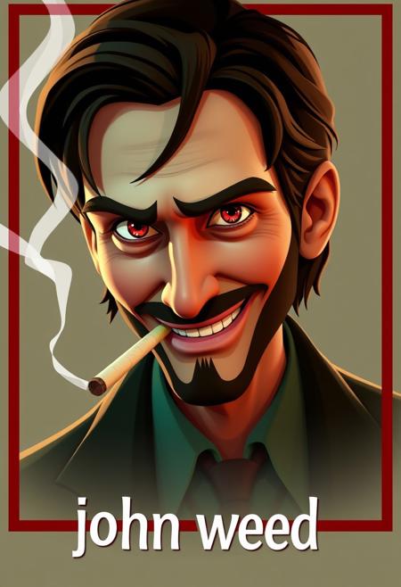 disney pixar style john wick with red eyes, smoking 
rolled-up cigarette and smile  poster with the movie title  "john weed" below