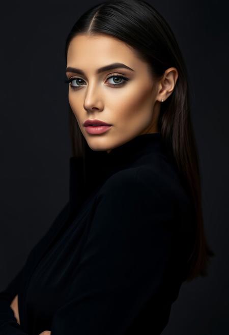 <lora:jana-defi:1>
 close-up, high-fashion portrait of a woman with striking eyes and a calm, confident expression, looking at the camera. She wears a sophisticated black outfit that exudes elegance and minimalism. The background is a smooth gradient of dark gray, enhancing the overall refined and contemporary aesthetic. The lighting is soft yet directional, highlighting her flawless complexion and subtle makeup, with a focus on her eyes and cheekbones. The mood of the portrait is polished, modern and artistic