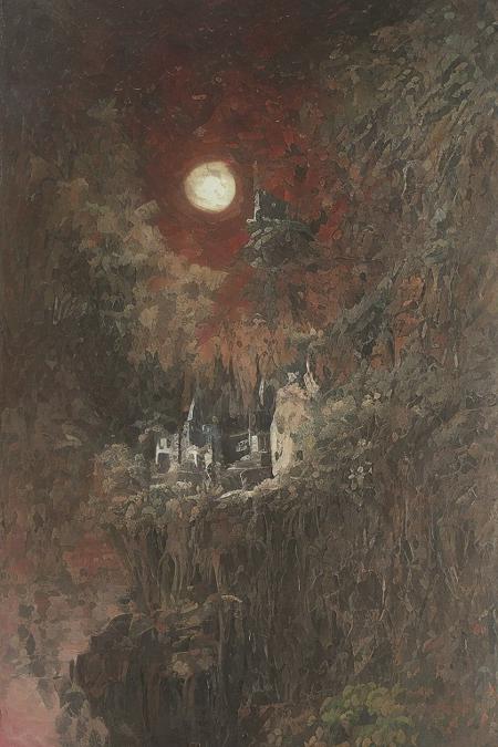 oil painting, of a castle on a cliff, forest, night, a flock of bats flying in the dark sky, reddish moon, clouds tainted red, dark theme, still life, shadows, haunted castle