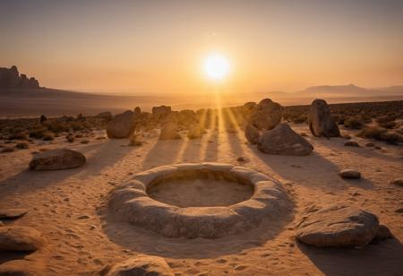 "More about Mystical Stone Circle at Sunset in Desert An ancient stone circle emerges from a misty desert landscape, 
with the sun setting behind it, 
casting golden hues on the weathered stones and creating a mystical atmosphere."