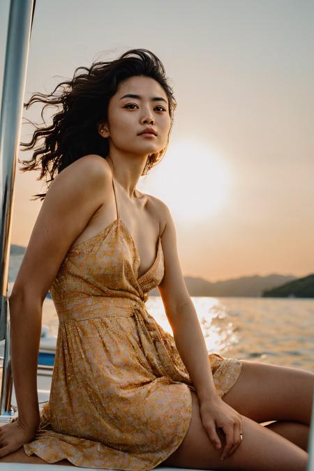 analog raw portrait photo of a MeiyuCipher, wearing a sun dress, lounging on a large yacht, golden hour, sunset, bokeh, Lomo, dof, high definition, detailed, intricate, fujifilm xt3, dslr, 50mm, camera flash, lens flare  <lora:LowRA:0.35>