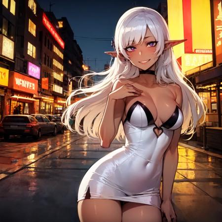 1girl, dark elf, pointy ears, expressive eyes, smile, (dark-skinned female, dark skin:1.2), (long hair), white hair, cocktail dress, strapless dress, small breasts, areola slip, large areolae, curvy <lora:ratatatat74_lora:1>
BREAK
city street at night, midnight, neon signs,