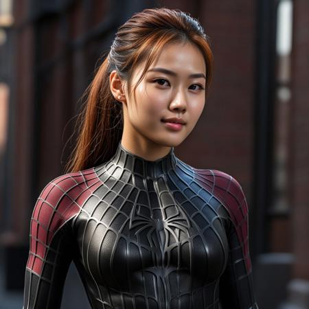 score_9, score_8_up, score_7_up, best quality, realistic, masterpiece, beautiful detail, hyperrealistic, on a studio, ((1girl, woman body, large breast)), amazing detailed full body of a cute korean girl, wearing a realistic and highly detailed black raimi spider-man suit, ((defined muscular girl)), professional model wears ultra - detailed black raimi spider - man suit, ultra - detailed and grained black raimi spiderman suit, suit covered entire body and hand, black spiderman gloves, wet, (light smile), close up, octane render, highly detailed, volumetric, dramatic lighting, (highest quality:1.1), (HDR:1.3), (top quality, best quality), realistic, high definition, sharp contrast between light and shadow, athletic and fit physique, highly detailed and accurate portrayal, photorealistic rendering, tense and alert atmosphere cinematic scene, cinematic lighting, intricate detail skin and facial texture, lifelike expression, accurate character design, interesting and complex background details,