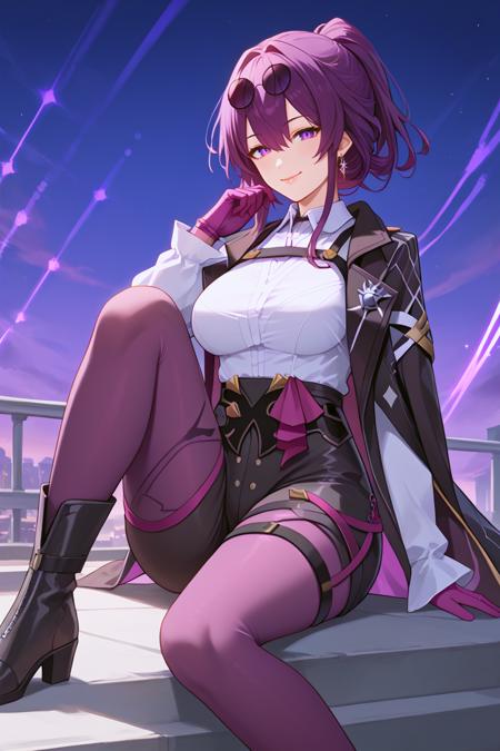 KafkaBren, 1girl, purple hair, purple eyes, eyewear on head, long hair, mature female, hair between eyes, ponytail, lips, seduce, smug, both_eyes_closed shirt, white shirt, gloves, purple eyes, long sleeves, jacket, sunglasses, pantyhose, shorts, purple gloves, boots, black jacket, thigh strap, collared shirt, black footwear, black shorts,  jewelry, coat, jacket on shoulders, earrings