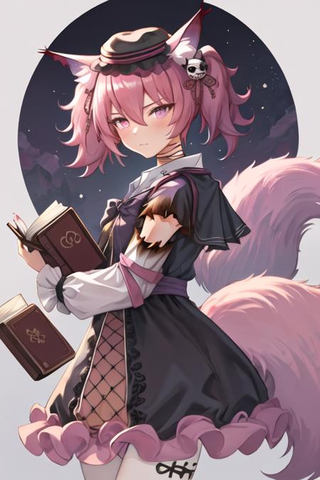 best quality, masterpiece, highres, solo, {shamare_arknights:1.15}, animal_ears, animal_ear_fluff, fox_ears, twintails, bangs, pink_hair, hair_between_eyes, hair_ornament, pink_eyes, closed_mouth, fox_girl, tail, symbol-shaped_pupils, fox_tail, upper_body, stuffed_toy, 1girl, black_bow, black_dress, purple_eyes, purple_hair, skull_hair_ornament, black_headwear, bow, dress, hat, looking_at_viewer, official_alternate_costume, book, holding, holding_book, open_book