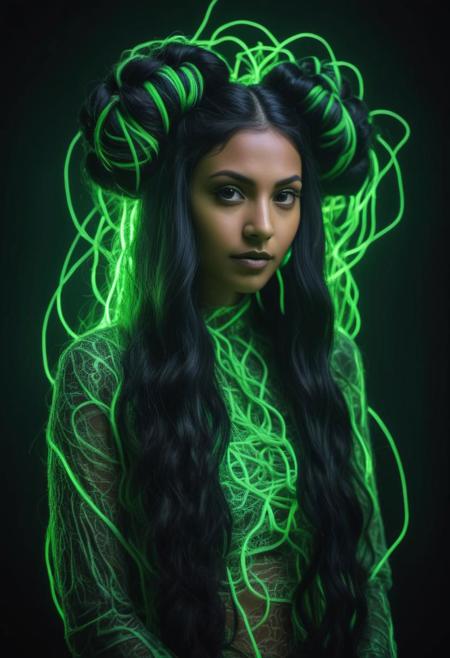 ((Ultra Long Exposure Photography))  Indian  woman with long black hair in space buns. She is the goddess of horticulture. She s covered in millions of microscopic ultra bright green neon strings emanating from her body. beautiful backlit silhouette, high detailed, covered in neon vines and leaves. Green color palette.
