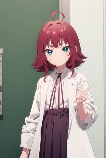 kusuriyakuzen, <lora:kusuri yakuzen s1-lora-nochekaiser:1>,
kusuri yakuzen small, short hair, (green eyes:1.3), white shirt, red hair, pleated skirt, socks, collared shirt, black skirt, neck ribbon, suspenders, antenna hair, black socks, (labcoat:1.2), suspender skirt, female child, :3, smile,
BREAK ,
BREAK indoors, classroom,
BREAK looking at viewer, (cowboy shot:1.5),
BREAK <lyco:GoodHands-beta2:1>, (masterpiece:1.2), best quality, high resolution, unity 8k wallpaper, (illustration:0.8), (beautiful detailed eyes:1.6), extremely detailed face, perfect lighting, extremely detailed CG, (perfect hands, perfect anatomy),