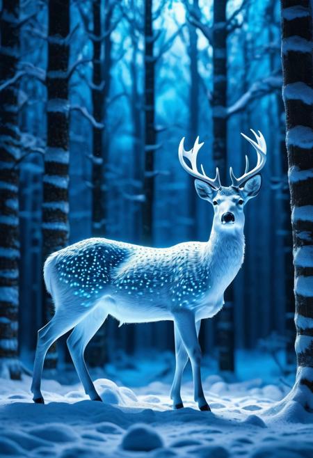 there is a white deer standing in the snow in the woods, glowing neon vray, crystal particles, non-illuminated backdrop, showpiece, silver and blue color schemes, small animals, smooth bioluminescent skin, rendered image, staggered depth)