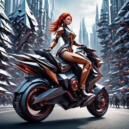 (a beautiful red hair origami cyborg woman racing futuristic motorbike down the street of futuristic city trying to out race the three others), LinkGirl, cyborg style, origami, cyberpunk style, <lora:EMS-17123-EMS:0.600000>, , <lora:EMS-48994-EMS:1.500000>, , <lora:EMS-19562-EMS:0.600000>