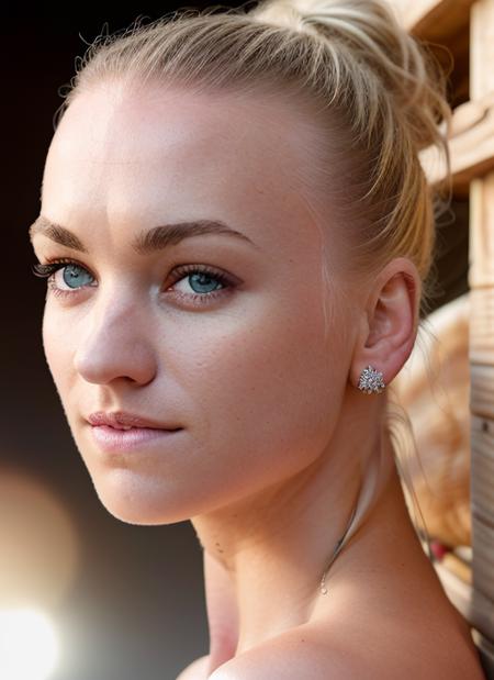 portrait of skswoman, stupid , wearing casual wear , with Top knot , background chicken coop epic (photo, studio lighting, hard light, sony a7, 50 mm, matte skin, pores, colors, hyperdetailed, hyperrealistic), <lyco:Yvonne StrahovskiV3:1.2>