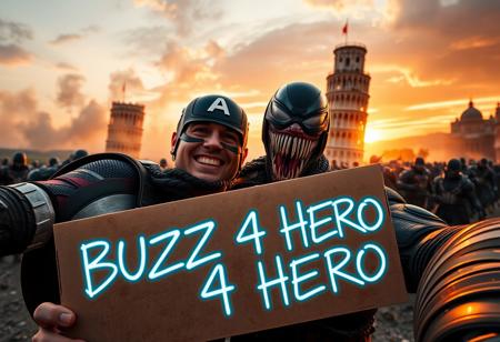 Marvel icons, Captain America and Venom, are caught in a high-energy selfie in front of the Leaning Tower of Pisa during an intense, action-packed moment. Captain America, with his iconic shield strapped to his back, holds a vintage Kodak MC3 camera, perfectly capturing the scene. Venom strikes a chaotic pose, his tendrils playfully wrapped around Cap, as they both grin for the shot. In the background, a massive Sion army emerges from swirling dust clouds, their dark, futuristic armor reflecting the dim light of the setting sun, which casts dramatic shadows over the Leaning Tower of Pisa.
In the foreground, a neon, graffiti-styled cardboard sign reads ‘BUZZ 4 HEROES,’ glowing with holographic effects, as if the moment were part of a larger, dangerous mission. The tower leans ominously under a fiery sunset sky, while the Sion army advances, adding a sense of impending danger to this wild yet thrilling superhero adventure frozen in time