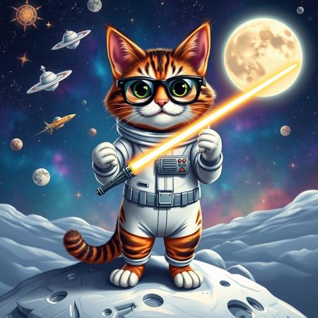 A brave, bespectacled cat named 'Professor Purr-cival' 
standing on the moon, wearing a shiny spacesuit and holding a giant, 
glowing laser pointer. The background is a colorful galaxy with stars, 
planets, and spaceships flying by. Incorporate dynamic expressions and 
fun, exaggerated facial features.
