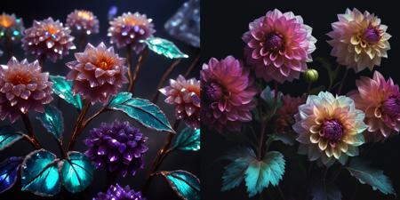 kcrstal17xl analog realistic Naturalism colour photo of a iridescent dahlias in a darkened room, very detailed, award-winning