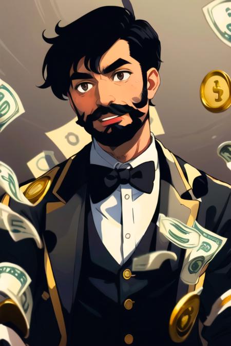 1boy, beard, black bowtie, black hair, bowtie, brown eyes, buttons, facial hair, formal, jacket, male focus, mustache, open mouth, solo, white teeth, upper body, vest, holding money, money swirling, cash stacked, gold coins in background, masterpiece, best quality,